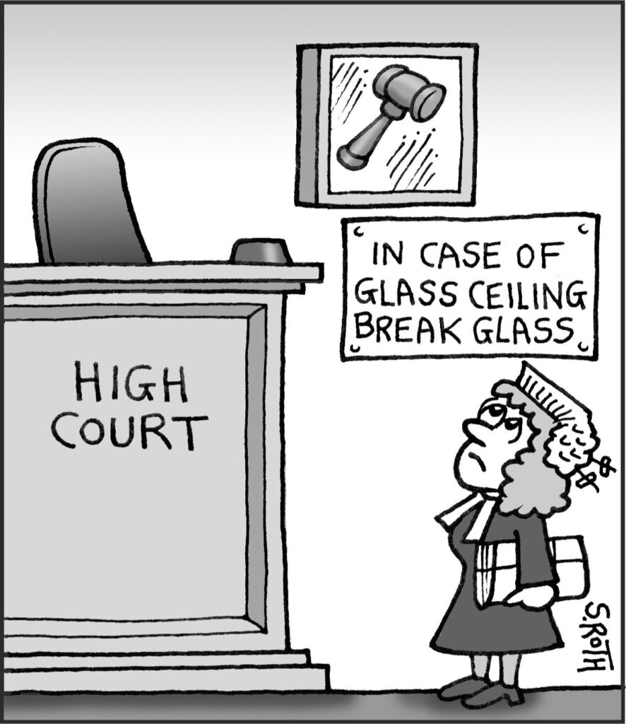 Cartoon of a woman judge standing before a high court bench looking at a gavel behind framed glass with a sign beside it that says, "In case of glass ceiling break glass."